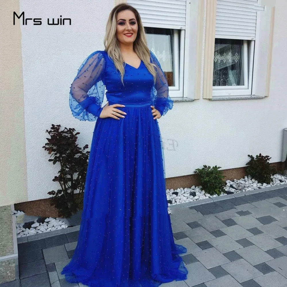Mrs Win платья для матери невесты Королевский Синий Роскошный Бисероплетение с длинными рукавами платье для выпускного вечера HR383 V образным вырезом трапециевидной формы платья для мам для женщин