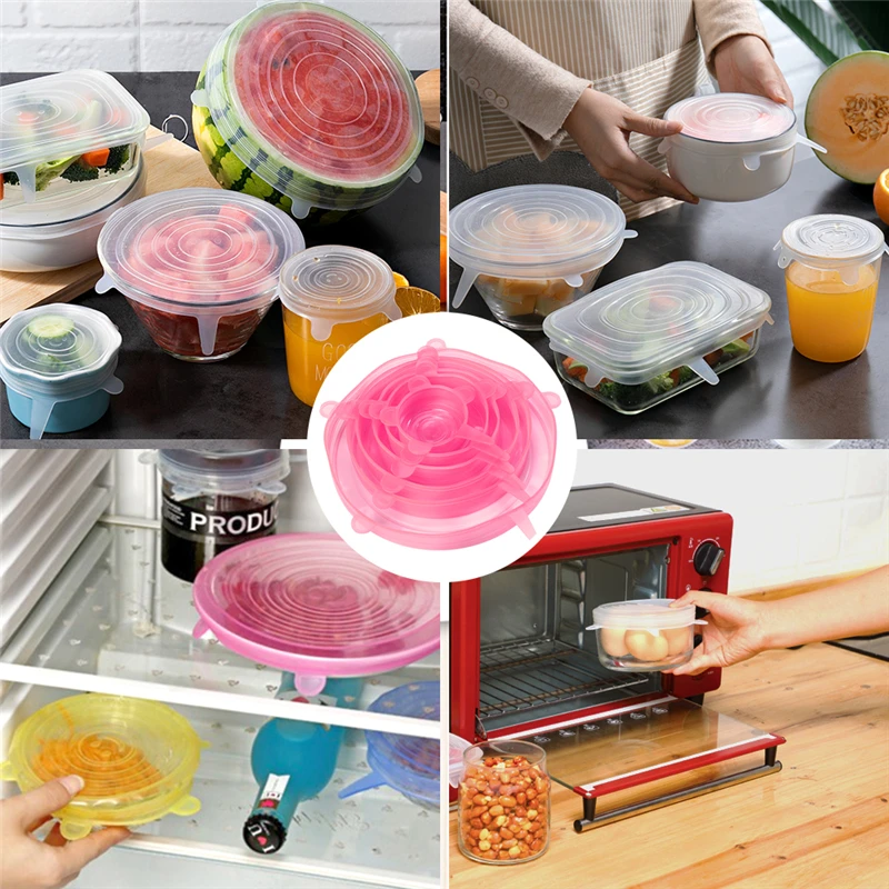 

6 Pcs/Set Food Silicone Cover Cap Universal Silicone Lids For Cookware Bowl Reusable Stretch Lids Kitchen Accessories