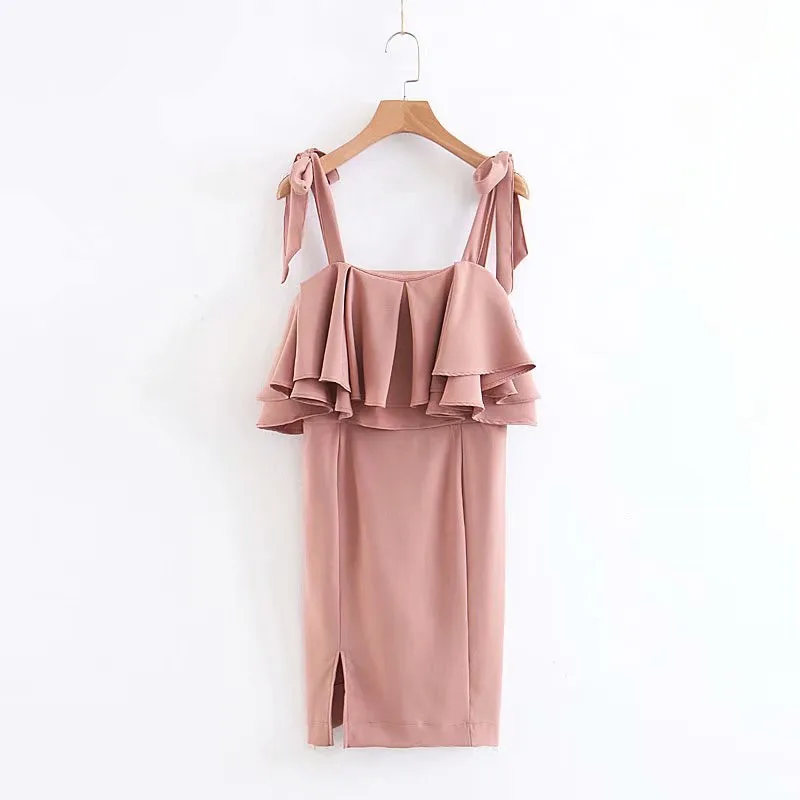 

2018 Korean-style Summer New Style WOMEN'S Dress Adjustable Knot Bandage Cloth Laminated Flounced Slit Dress