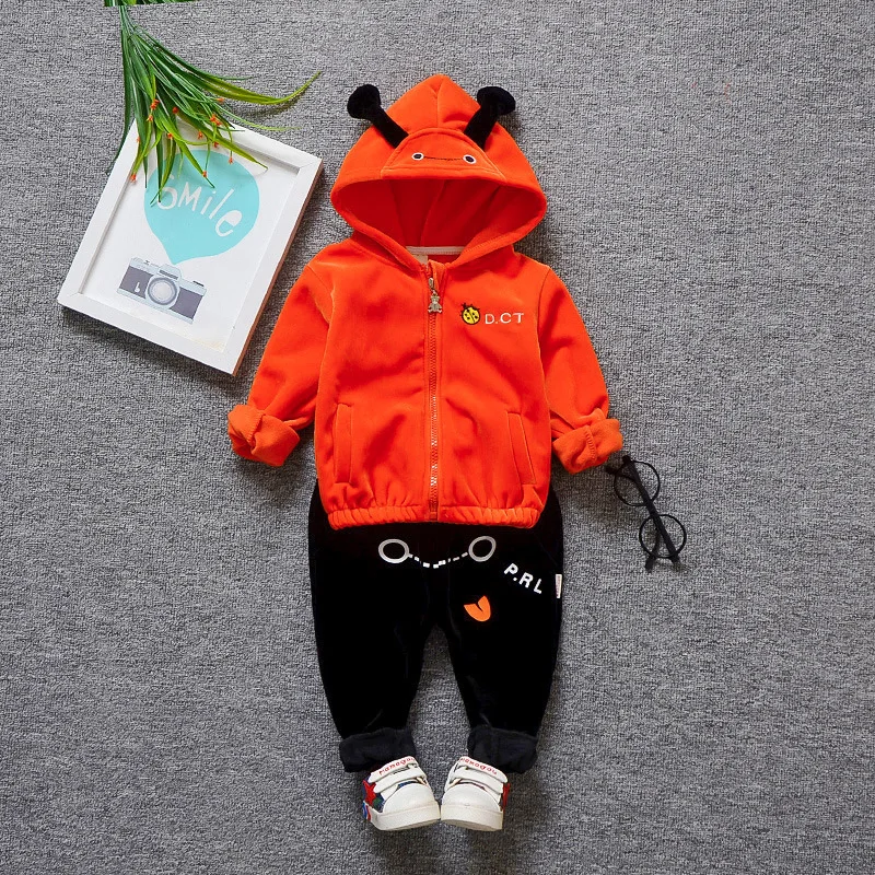 

Men And Women Baby Spring And Autumn Leisure Suit Beetle Printed Double-sided Plush Hoodie Two-Piece Set