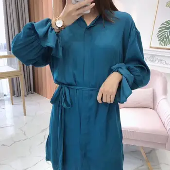 

Women Solid ColorMini Dress Long Flare Sleeve Turn-down Collar Dress With Belt
