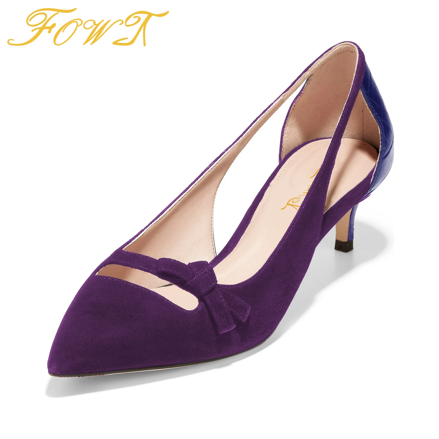 

Purple Patchwork Butterfly-Knot Women Med Kitten Heels Pumps Pointed Toe Slip On Large Size 40 41 Ladies Sexy Dress Shoes FOWT