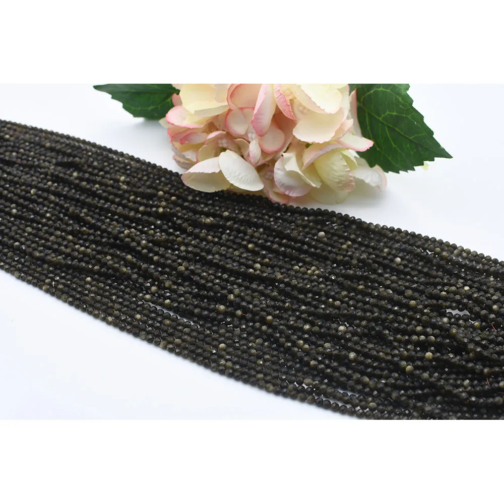 

2-3mm Natural Faceted Obsidian Round stone beads For DIY Bracelet Necklace Jewelry Making Strand 15"