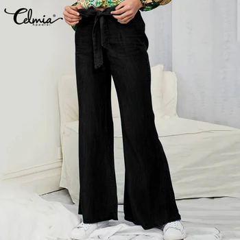 

Celmia Women Fashion Solid Wide Leg Pants Ladies Summer Elastic Waist Loose Trousers Casual Bow Tie Long Pantalon Jeans Bottoms