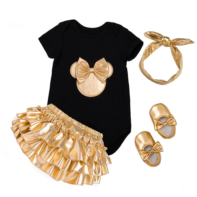 Newborn Baby Girl Clothes 4pcs Clothing Sets Cotton Rompers Golden Ruffle Bloomers Shorts Shoes Headband Clothes