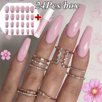 

24Pcs/set Fashion New Pure Color Long Ballerina False Nails With Glue Coffin Shaped Fake Nail Art Tips Nail Extensions