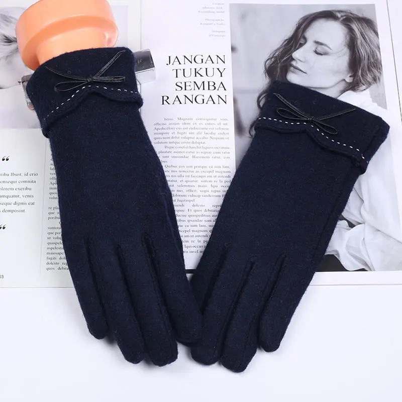 winter wool gloves for women warm plus velvet thickening riding touch screen gloves female long mittens cashmere gloves - Цвет: Тёмно-синий