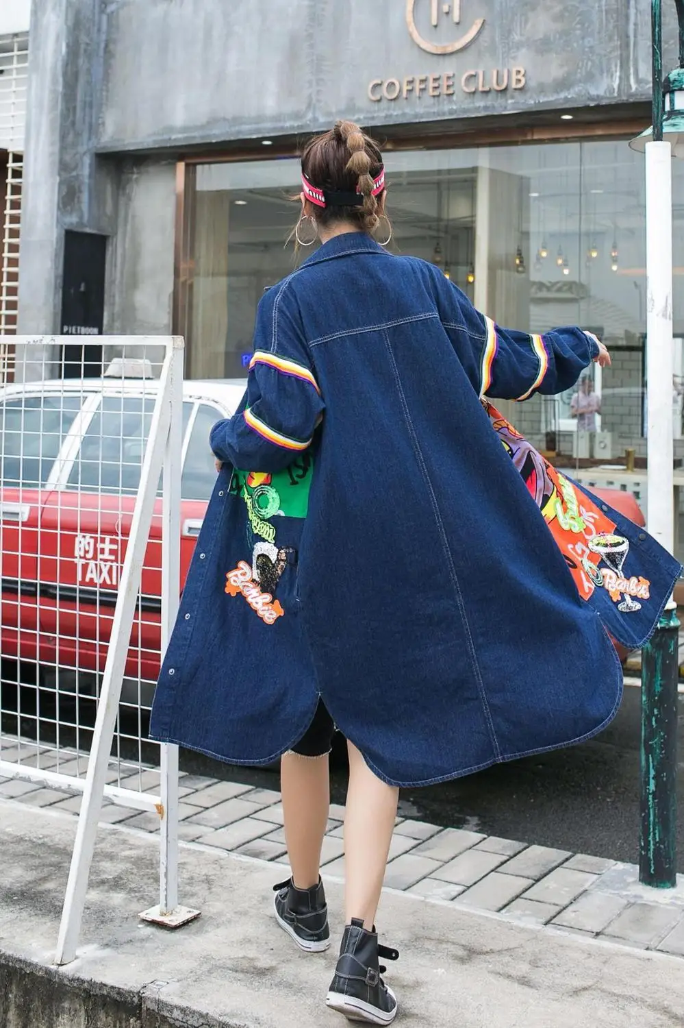 Women Full Sleeve Cartoon Jacket Long Style Patchwork Denim Coat Autumn High Street Outfit Cardigan