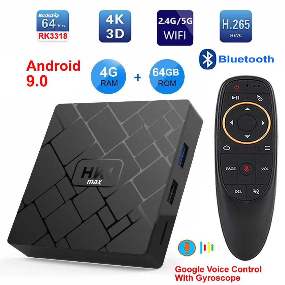 HK1 MAX Android 9.0 Smart TV BOX RK3318 Quad core 4GB Ram 64G Rom 2.4G/5G Dual WIFI Bluetooth 3D 4K