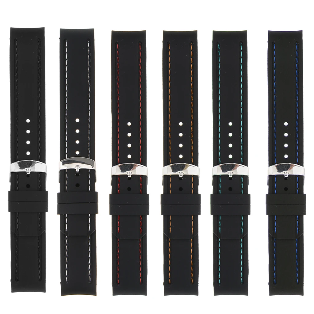 All Match Black Silicone Watch Band Curved End Strap Double Stitch 22mm