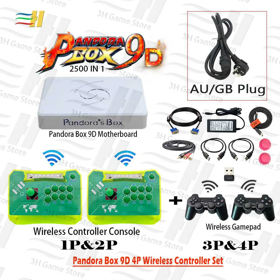Pandora Box 9D 2500 В 1 беспроводной 4P контроллер Набор беспроводной аркадный контроллер консоль и беспроводной геймпад набор 3D игры tekken - Цвет: 4P green wireless GB