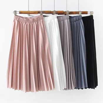 

2020 Spring Summer Long Skirt High Waist Pleated Skirt Women Pink Causal Midi Skirts Plus Size Elastic Waist Solid Faldas