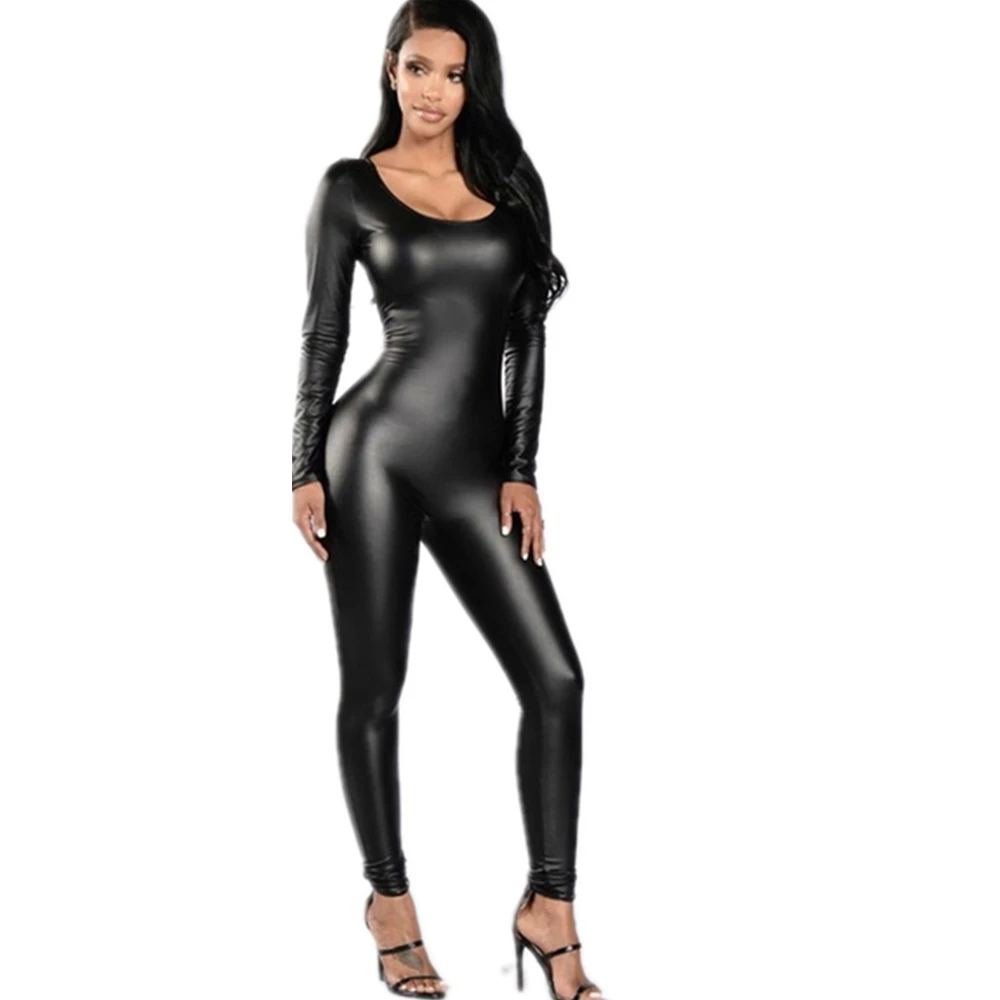 Jumpsuits For Women Black Leather Latex Catsuits With Zipper Bodysuit ...