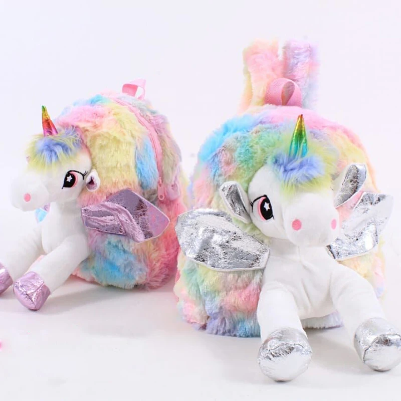 

Baby Girl Unicorn Fur Backpack Cute Children Zipper Schoolbag Mini Kids Toy Doll Backpack For Kidergarten New Plush Bag