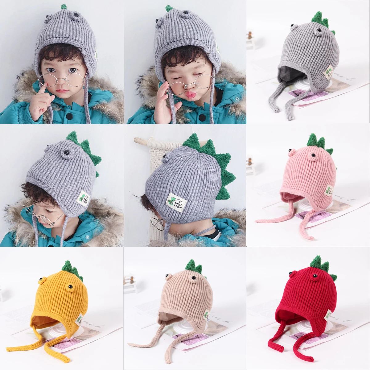 Аксессуары для малышей, Милая зимняя шапка для маленьких мальчиков и девочек, вязаная Милая Шапка-бини с объемными динозаврами, теплая шапка