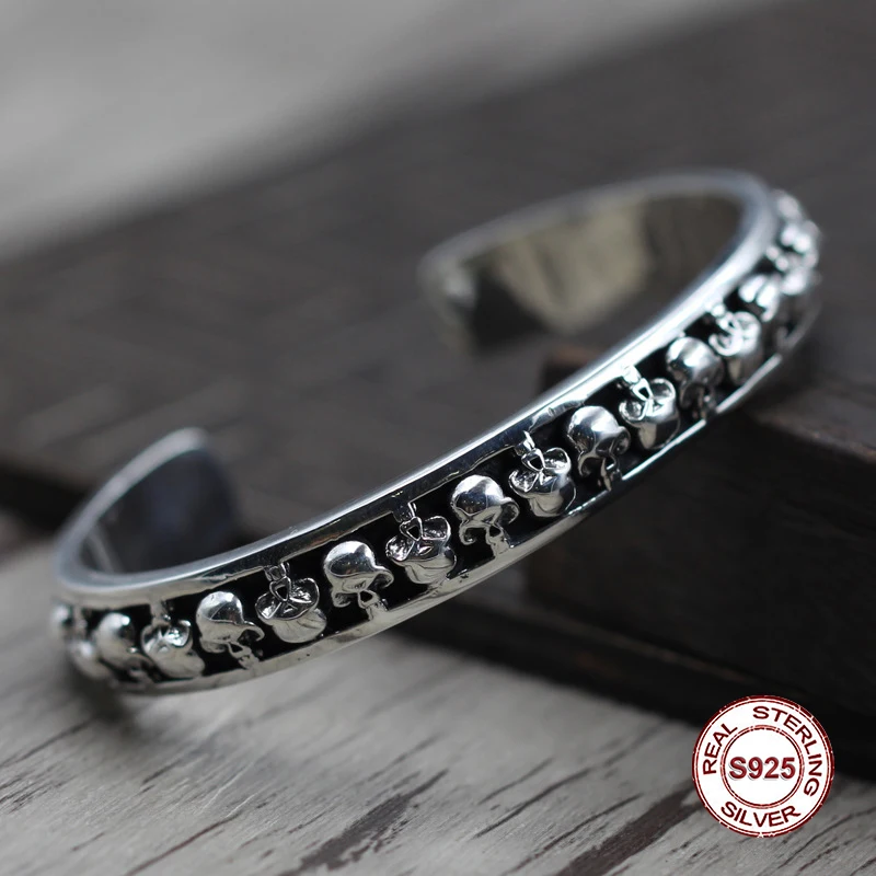 

S925 Men's bracelet in Sterling Silver Personality retro skull opening Classic simple punk style Send a gift to love