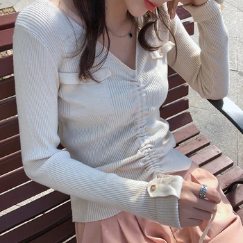 

Mishow 2019 Autumn Winter Drawstring Knitted Bottoming Shirt Korean Solid V-neck Long Sleeve Pullovers Tops MX19C5427