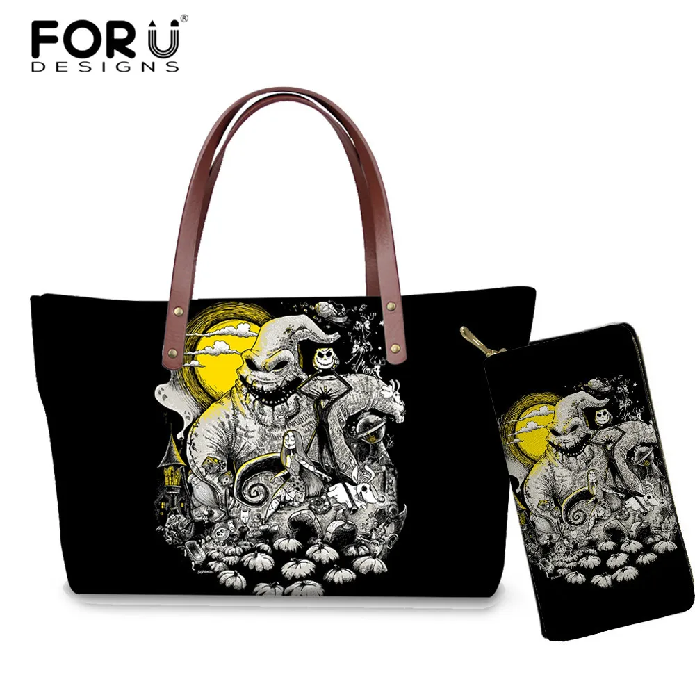 HME1677ALZ21 FORUDESIGNS/Для женщин Роскошные сумки из натуральной кожи кошелек комплект с принтом "Кошмар перед Рождеством" с принтом костюм на Хэллоуин с изображением героев мультфильма черепа Джека дизайнерские сумки через плечо - Цвет: HME1677ALZ21
