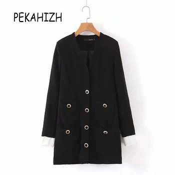 

2019 Autumn black women blazers and jackets long sleeve triple breasted blazer coat women elegant long blazer korean jacket