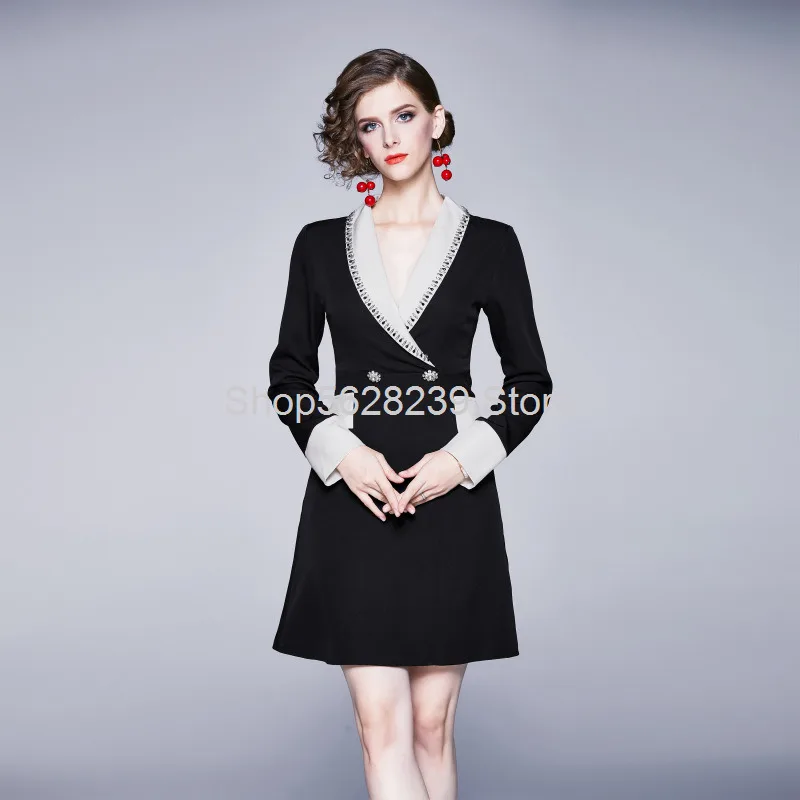 

2020 Black And White Contrast Color V Collar Heavy Industry Nail Beads French Suit Skirt Temperament Socialite Waist Display