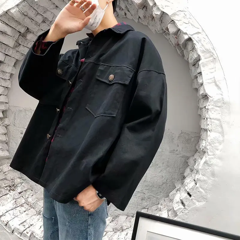 Coat Men's Spring And Autumn Korean-style Trend Loose-Fit Handsome MEN'S Coat Casual Autumn Cowboy Workwear Solid Color Jacket F