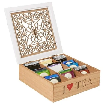 

ABSS-Wooden Storage Box 9 Grid Tea Coffee Storage Box Kitchen Skylight Hollow Food Candy Tea Container Storage Organizer