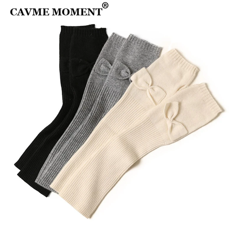 

CAVME Knitted Cashmere Gloves Elbow for Women Ladies Solid Color Glove with Bow Winter Warm Elbows 100% Cashmere 41cm 55g