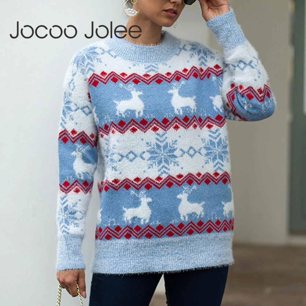 

Jocoo Jolee Women Christmas Sweater Winter Deer Snow Print Pullover Casual Warm Thick Jumper New Years Knitwear Gift 2019