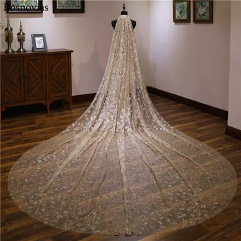 

Champagne Shiny Long Wedding Veil 2020 Appliques With Metal Comb Cathedral Bridal Head Veil 3 Meters Wedding Bride Accessories
