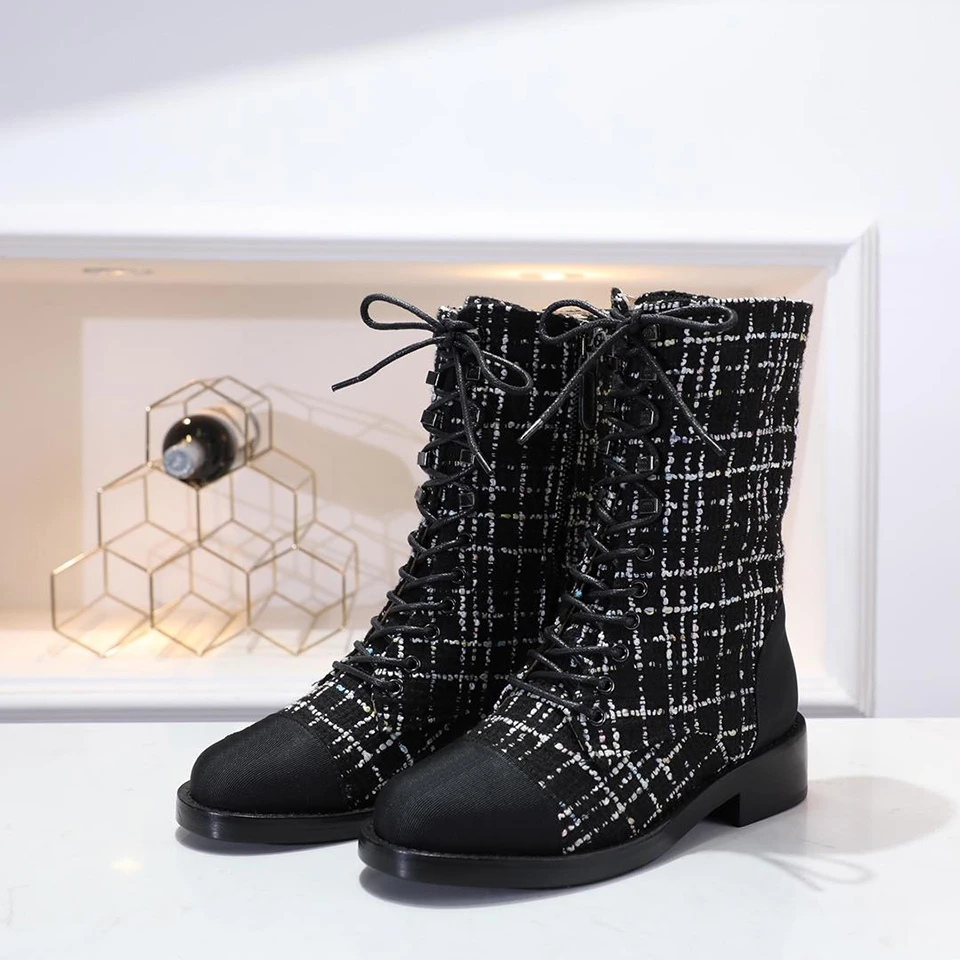 

SONFRNCH 2019 Autumn and Winter New Small Fragrance Round-Headed Martin Boots with Ribbons, Shoes and Bare Boots