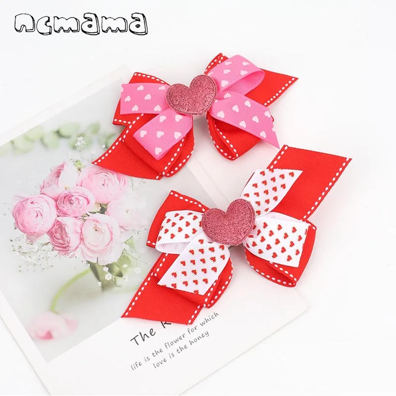 

ncmama 6" Glitter Valentine's Day Hair Bows For Girls Kids Heart Printed Hair Clips Hairgrips Hair Accessories