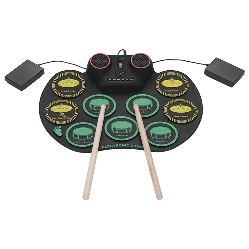 

Digital Roll Up Drum Pad Silicone Electronic Drum Set Practice 10 Drumpads Built-In Double Speakers with Sticks and Foot Pedals