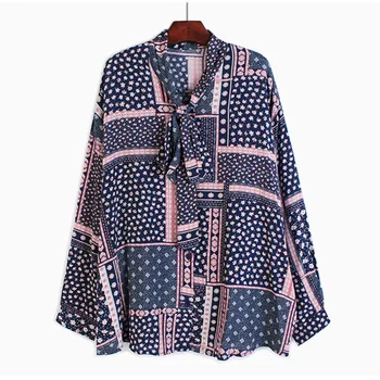 

[EWQ] 2020 Spring Summer New Pattern Bow Collar Batwing Sleeve Print Patchwork Single Breasted Casual Shirt Women AK73017