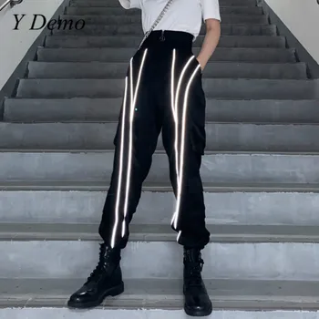 

Y Demo Techwear Women High Waist Reflective Lines Bunched Open Cargo Pant For Female Fashion Clothing 2020 Tide