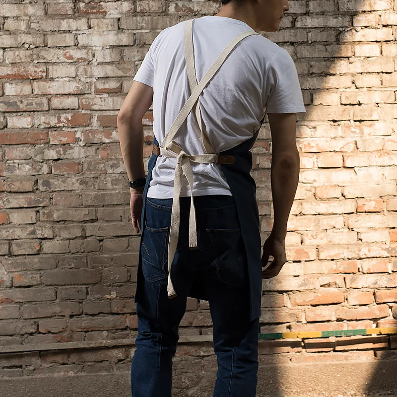 Fashion Adjustable PU Canvas Apron Coffee Shop Barber Aprons Bib Cooking Kitchen Aprons For Woman Man Work Apron With Pockets