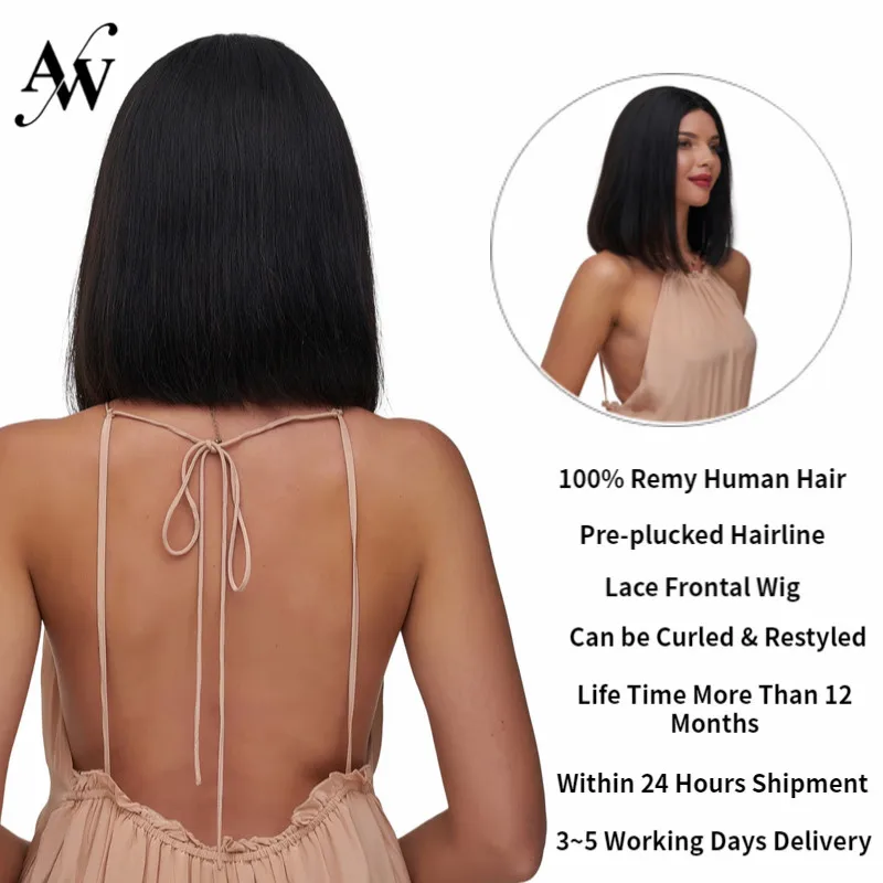 AW 10 '཈'' Натуральный Черный 150% Плотность Боб половина кружева парик HD