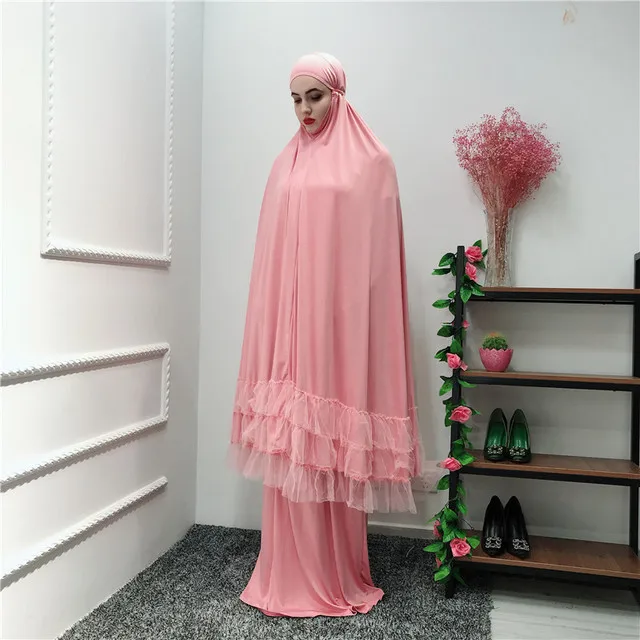 

Women Prayer Garment Muslim Clothing Lace Hijab Dress Full Cover Abaya Long Robe Ramadan Islamic Dubai Arab Gown Praying Kaftan