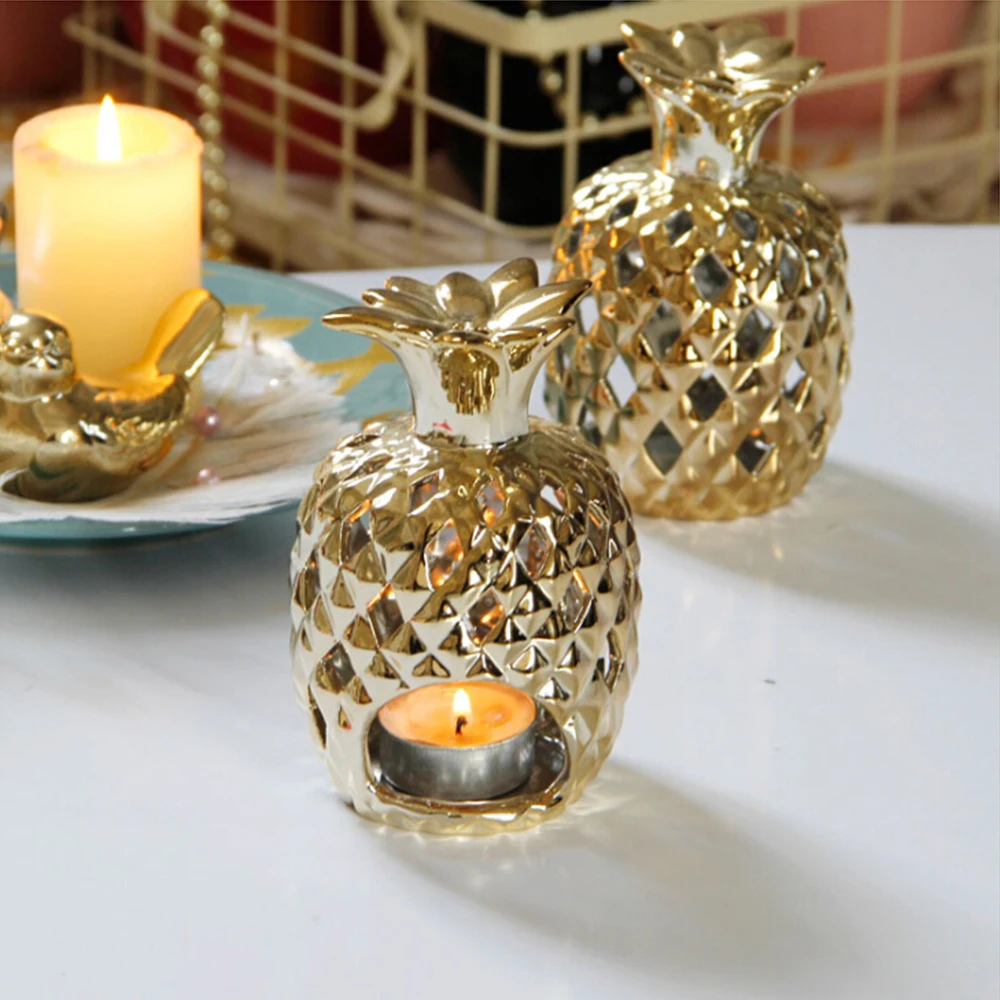 

Ceramic Pineapple Candle Holders Figurines Gold Plating Pineapple Fruit Ornament Candel Holder Model Home Decor
