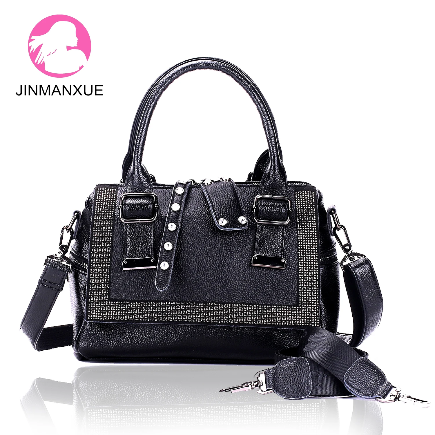 

2020 New Style Cowhide Hot Rhinestone Handbags Soft Leather Tote Large Capacity Fashion Casual Messenger Shoulder Bags