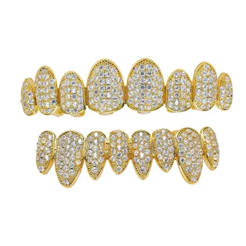 

Hip Hop Vampire Fang Teeth Grillz Iced Out CZ Gold Silver Color 8 Top & Bottom Tooth Grillz Men Women Jewelry Gifts Cosplay