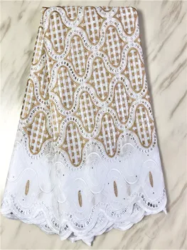 

New fashions gold+ white African Cotton Swiss Voile Lace Fabric High Quality Swiss Voile Lace Fabric with Stones PL1023