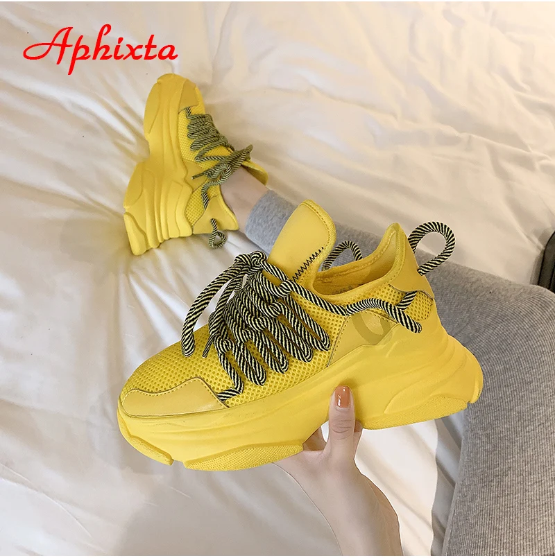 Aphixta/ г.; Модные женские кроссовки «Старый папа» на толстой подошве; классическая женская обувь для отдыха с круглым носком из сетчатого материала желтого цвета