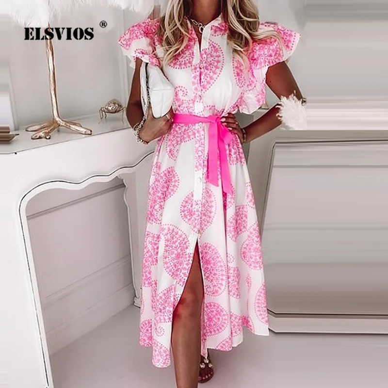 

2021 Women Printed V Neck Ruffled Short Sleeves Fashion Buttons Dress Autumn Summer Casual Lace-up Cardigan Elegant Slim Dresses