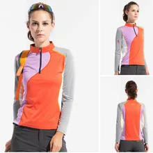 Уличная женская футболка с длинными рукавами и стоячим воротником, с длинными рукавами, быстросохнущая, эластичная, тонкая, цветная, женская, быстросохнущая одежда