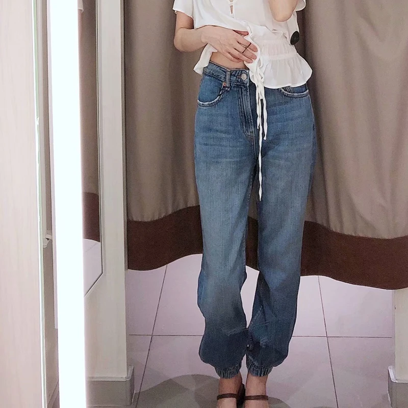 Женские модные джинсы Boyfriend, шаровары,, эластичный низ, свободные, уличная одежда, длинные брюки, повседневные, ковбойские, джинсовые, узкие брюки