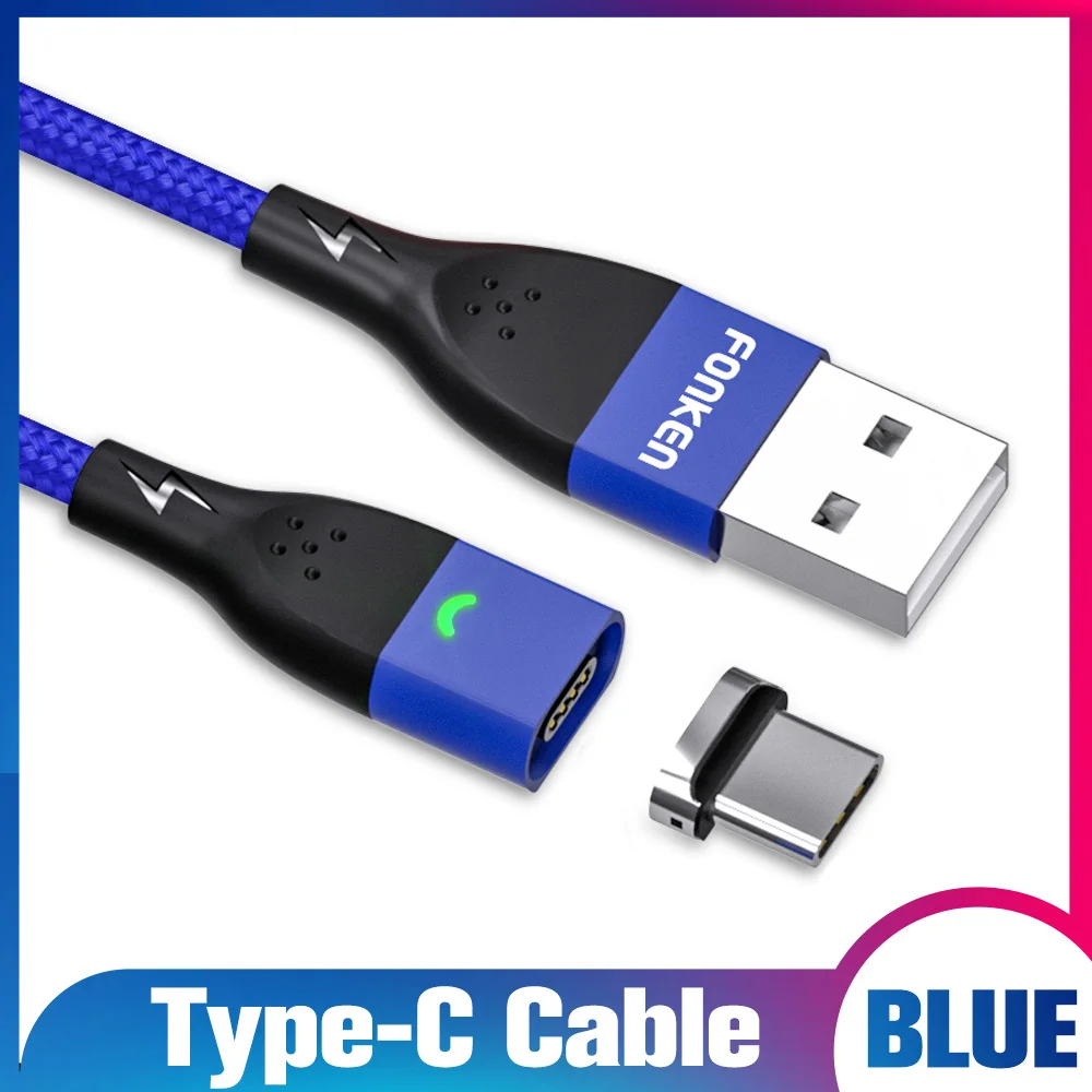 FONKEN usb type C Магнитный кабель для быстрой зарядки type-C USB Магнитный кабель QC3.0 QC2.0 Быстрая зарядка мобильного телефона 2 м USB-C шнур для передачи данных - Цвет: Blue magnetic cable