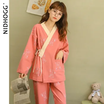 

Women's Cotton Pajamas Autumn Long-Sleeved Kimono Two Piece Set V-Neck Cartoon Women Sleepwear Pyjama Cute Sexy Nightwear