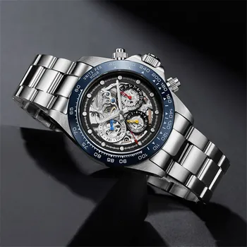 

New LOREO Waterproof 200M Men Watch Top Brand Business Wristwatch Stainless Steel Skeleton Men Mechanical Watches Reloj Hombre