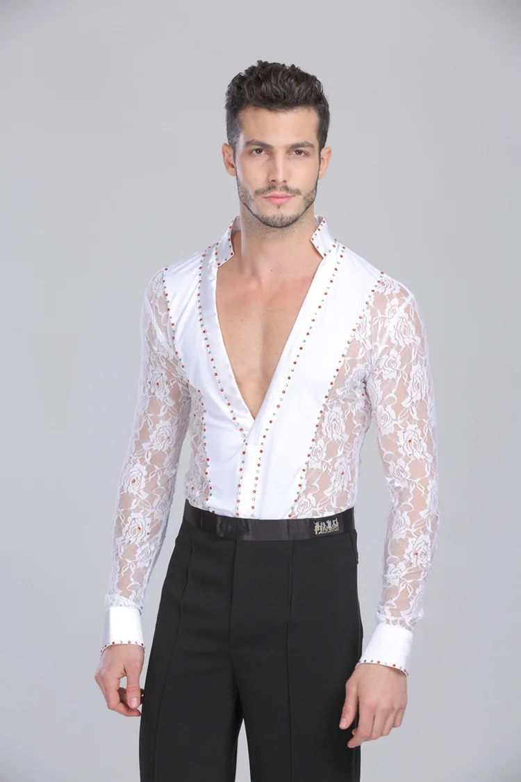 Men Latin Dance Lace black and white Garment Dance Waltz Ballroom Dance Garment Performance latin man shirts Garment Top Pants