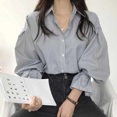 

Spring Autumn Women Korean Style Loose Shirt Striped Lapel Lotus Long Sleeve Ladies Tops Minimalist Casual Shirts Clothing